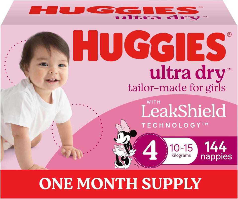 Huggies Ultra Dry Nappies Girls Size 4 10-15kg 144 Count One Month Supply