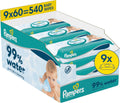 Pampers 99% Water Baby Wipes 9 Packs x 60 - Gentle for Newborns, Australia